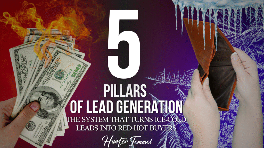 Graphic showing '5 Pillars of Lead Generation' by Hunter Temmel, with imagery of burning cash symbolizing hot buyers on the left and a frozen empty wallet symbolizing cold leads on the right. Text reads: 'The system that turns ice-cold leads into red-hot buyers.