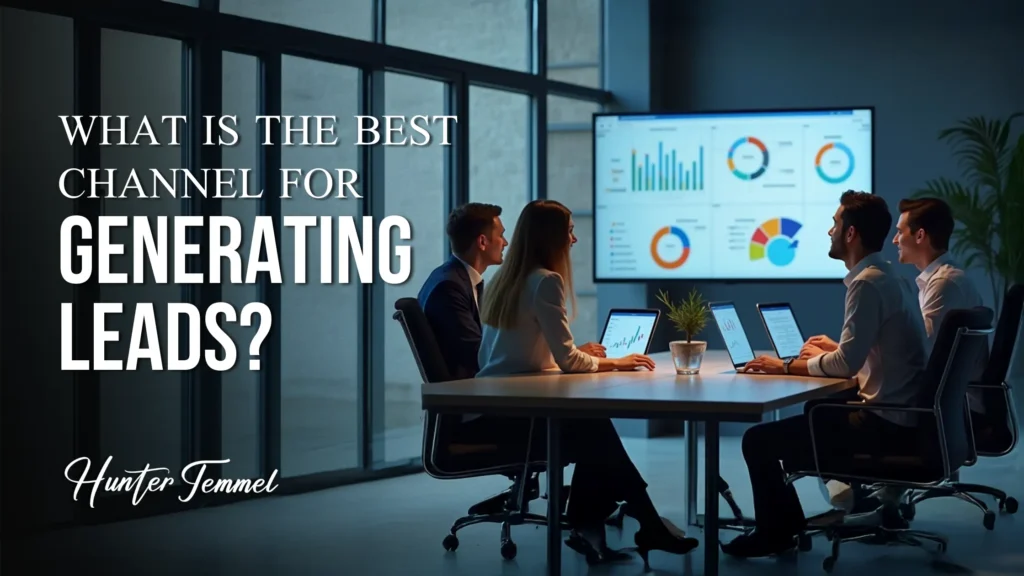 Business team in a conference room analyzing digital marketing dashboards on a large screen, with text overlay “What is the Best Channel for Generating Leads?”