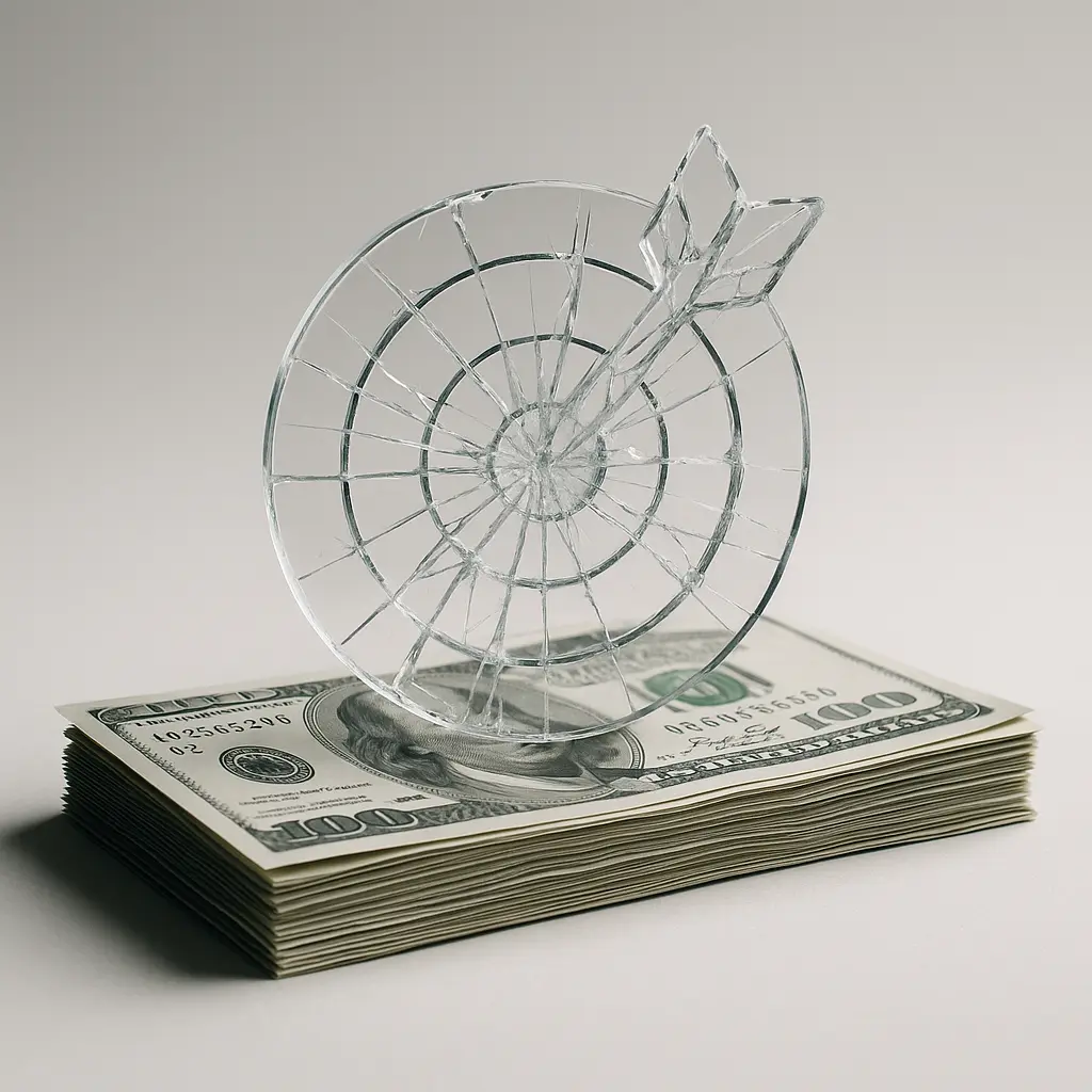 Broken glass target on stack of dollar bills symbolizing failed precision marketing and wasted ad spend.