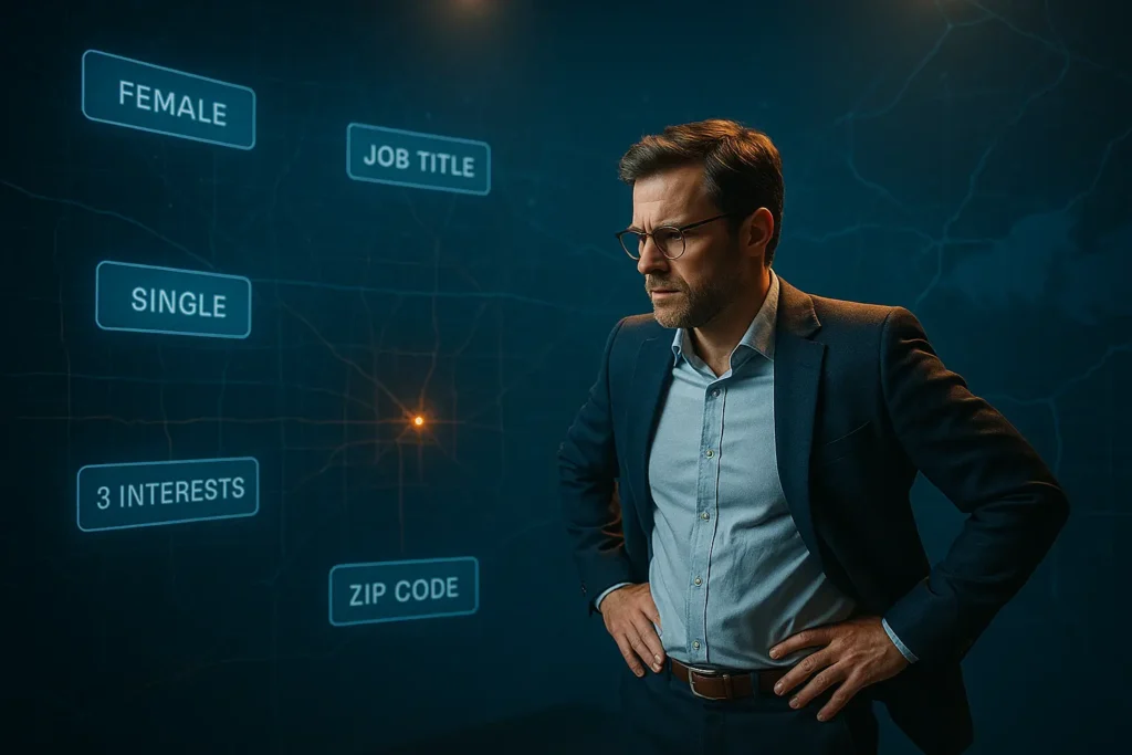 Marketer analyzing over-targeted customer data on digital dashboard with demographic filters like gender, job title, and zip code.