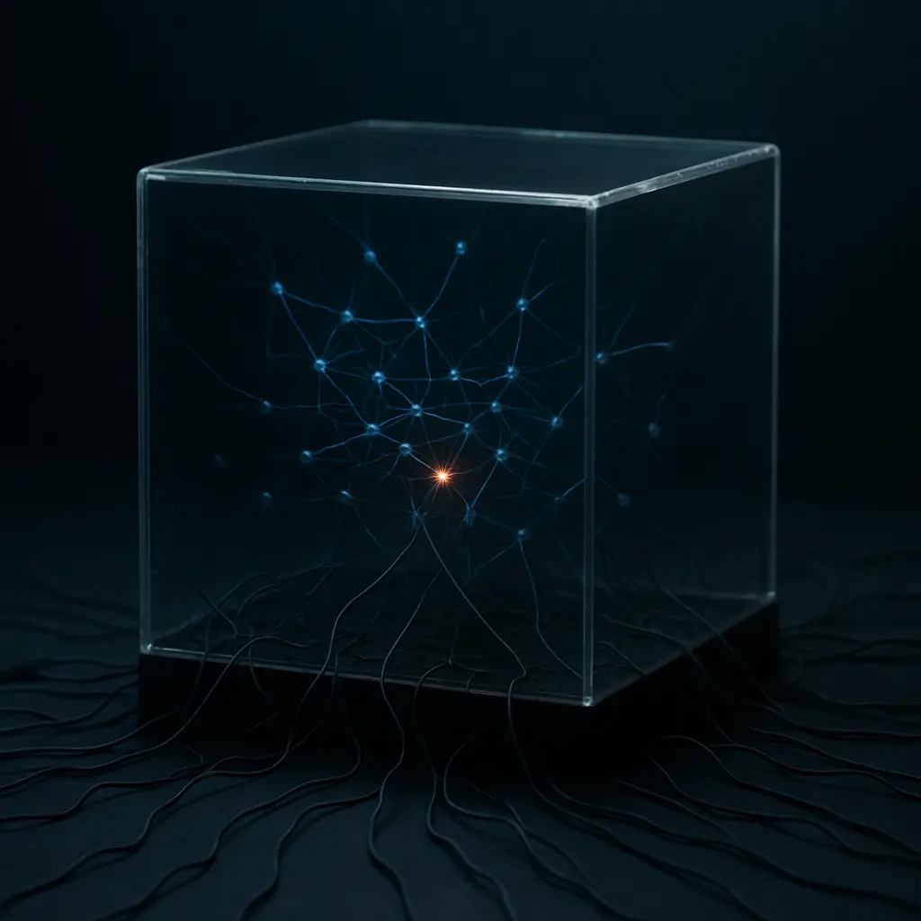 Neural network enclosed in glass cube symbolizing restricted algorithm learning from over-targeted marketing data.