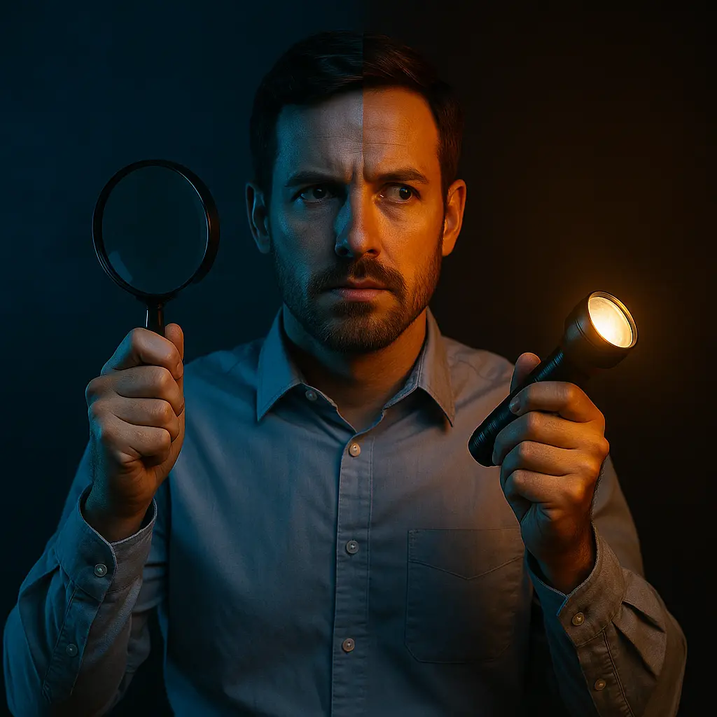 Man holding magnifying glass and flashlight symbolizing control versus curiosity in marketing decision-making.