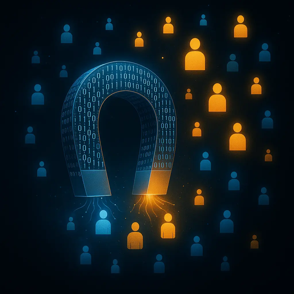Digital magnet attracting customer icons symbolizing data-driven marketing and scalable audience growth.