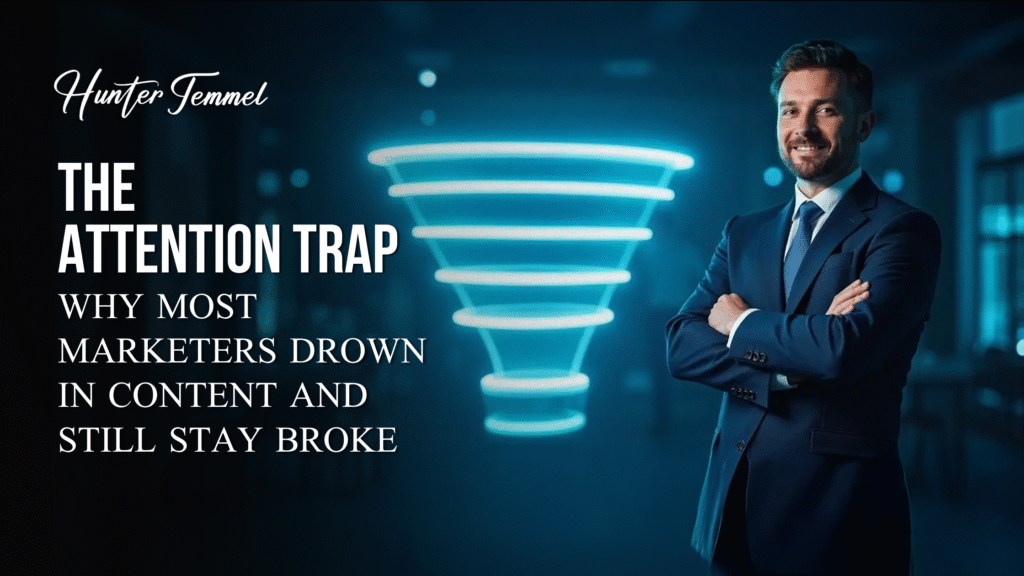 Hunter Temmel standing confidently beside a glowing marketing funnel with the blog title “The Attention Trap — Why Most Marketers Drown in Content and Still Stay Broke.”