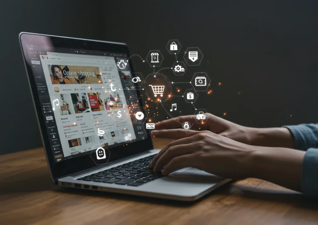 Hands typing on a laptop with ecommerce icons floating above the screen, representing online shopping signals and user intent data used by Meta’s AI.
