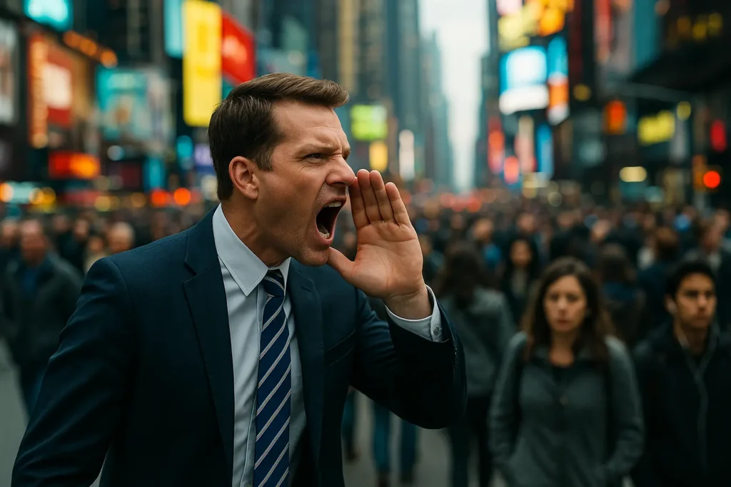 A businessman shouting in a crowded city street, symbolizing how marketing to cold audiences fails without brand awareness or recognition.