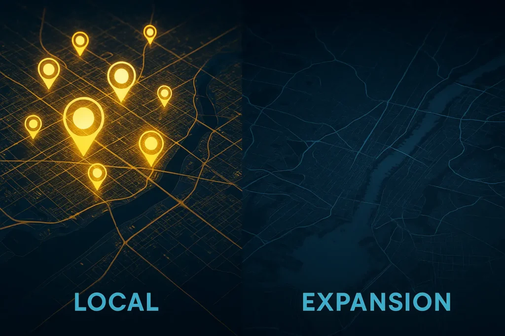 Split image showing bright yellow map pins over a local area versus a dim, empty map representing expansion, symbolizing how brand awareness affects advertising performance in new markets.
