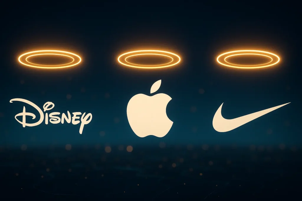 Logos of Disney, Apple, and Nike each glowing with a halo, symbolizing trusted brands that built global awareness through emotion and consistency.
