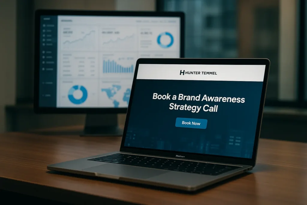Laptop screen displaying a “Book a Brand Awareness Strategy Call” page by Hunter Temmel, symbolizing conversion and lead generation through trust-based marketing.
