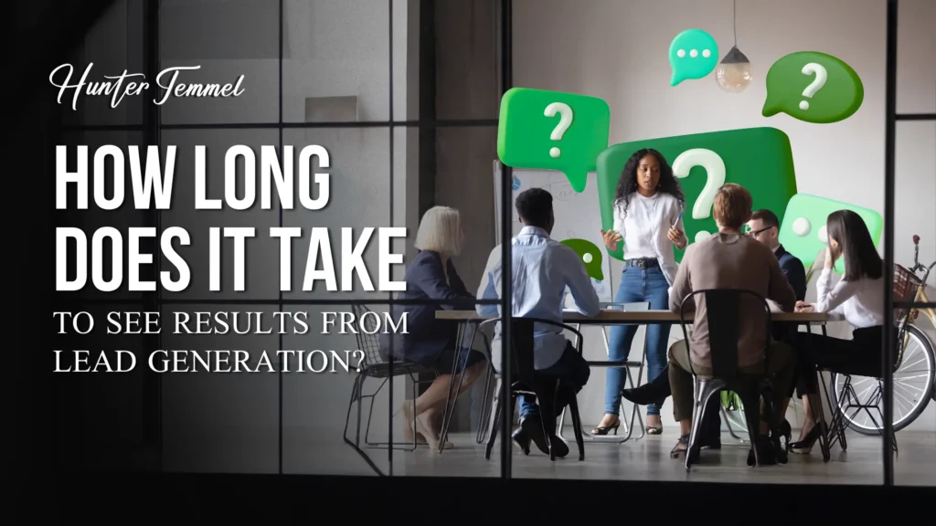 Business team in a meeting discussing marketing strategies, with a presenter explaining how long it takes to see results from lead generation, surrounded by question-mark graphics.