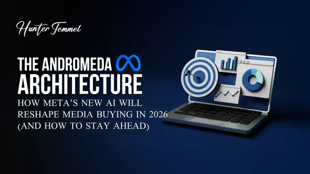 Graphic showing Meta’s Andromeda architecture with a target, analytics dashboard, and laptop, representing the future of media buying and AI-driven advertising.