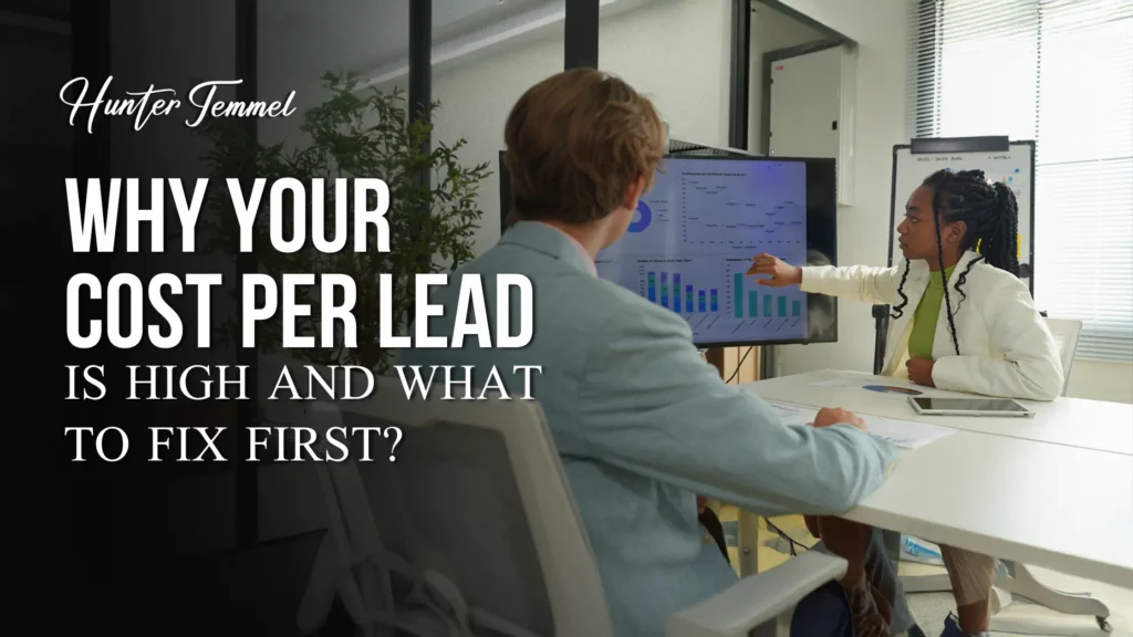 "Marketing team reviewing data charts during a meeting about why cost per lead is high and how to fix CPL issues."