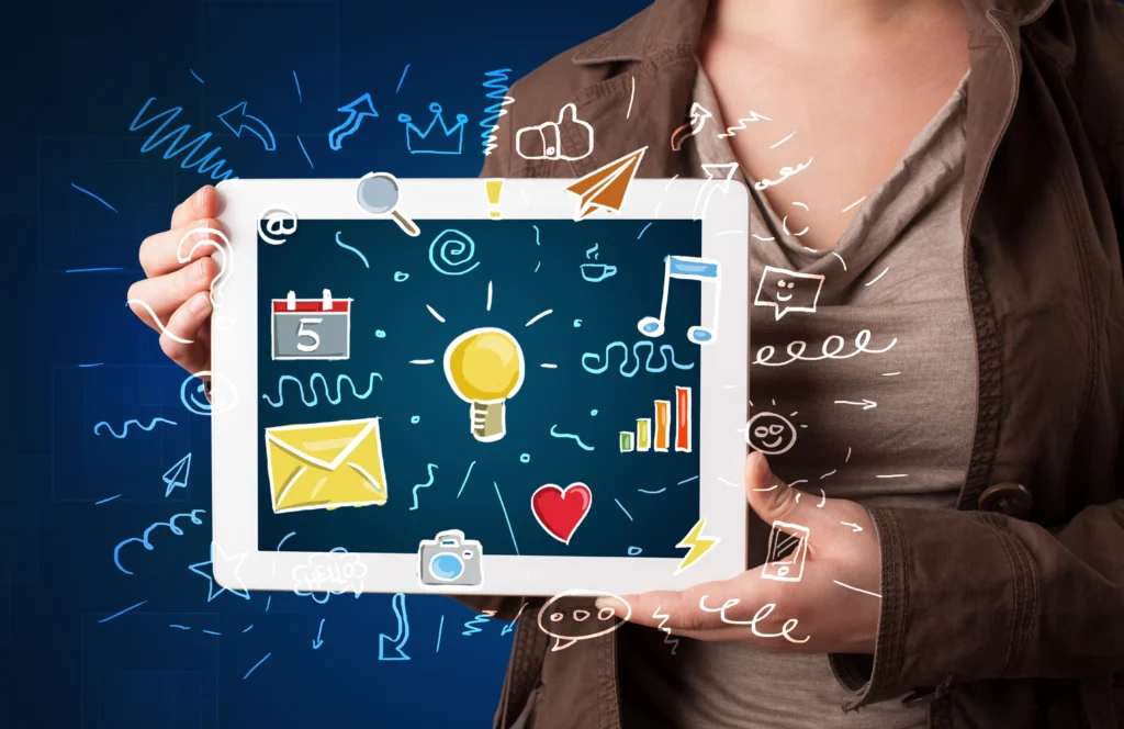 "Marketer holding a tablet with digital marketing icons representing analytics, ideas, and campaign performance linked to why cost per lead is high."